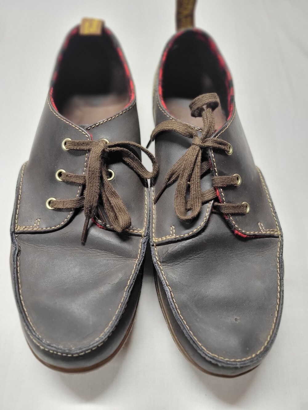Dr. Martens Dark Brown Leather TED Boat Shoes with Red Plaid Lined Size US 13